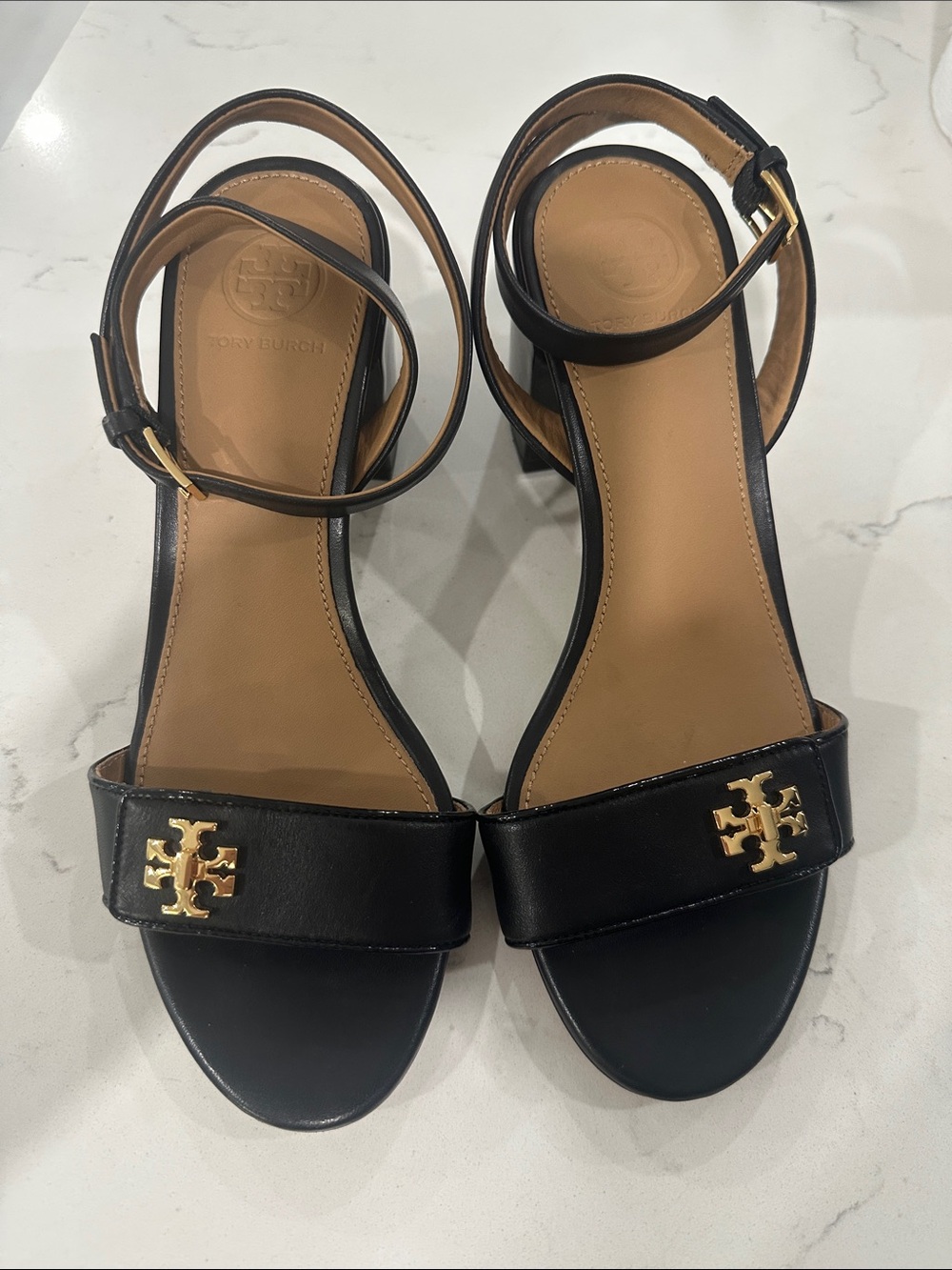 Tory Burch Black Leather Open-Toe Ankle-Strap Sandals with Gold Logo Accent